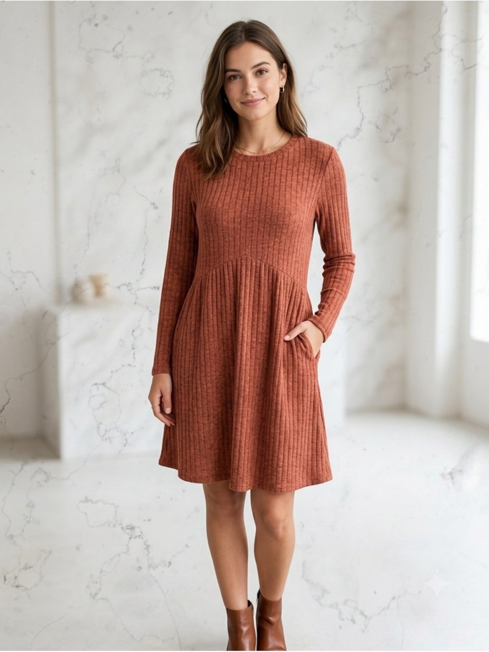 OFEEFAN Ribbed Knit Long Sleeve Tunic Dress Boho Casual Pockets Empire Waist M